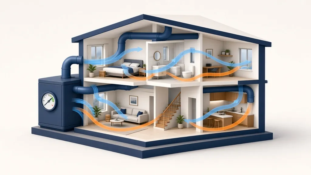 Cutaway illustration of a house showing warm and cool air flowing through ducts to every room, with a pressure gauge