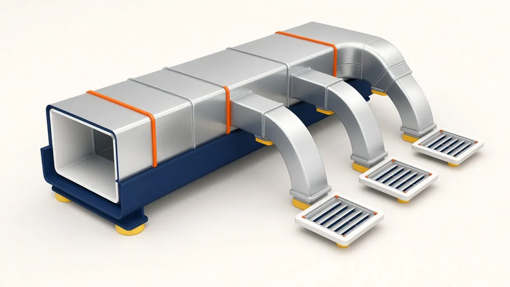 Illustration of sealed sheet-metal ductwork with taped seams branching to supply registers
