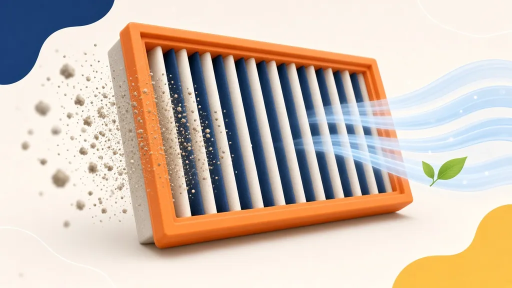 Illustration of a pleated air filter catching dust and particles while clean air passes through