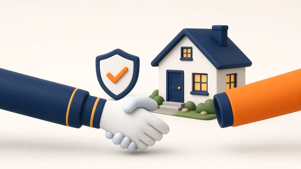 Illustration of a handshake in front of a house with a checkmark shield, representing honest service