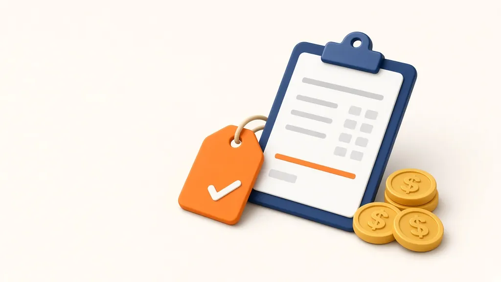 Illustration of a written estimate on a clipboard with a price tag and coins, representing fair pricing